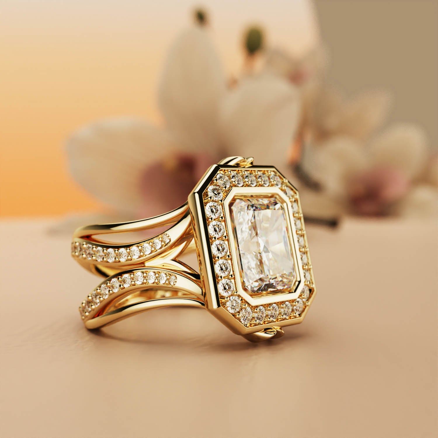 Elysian Glow: Emerald-Shaped Diamond Gold Ring