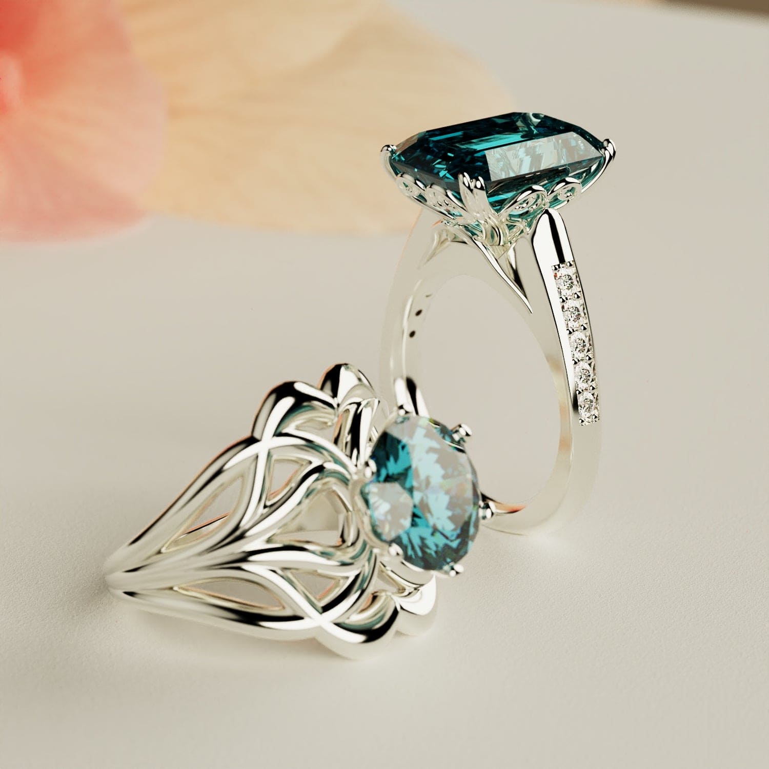 Azure Dream: paquete de anillos esculpidos de dos piezas - Plata de ley S925