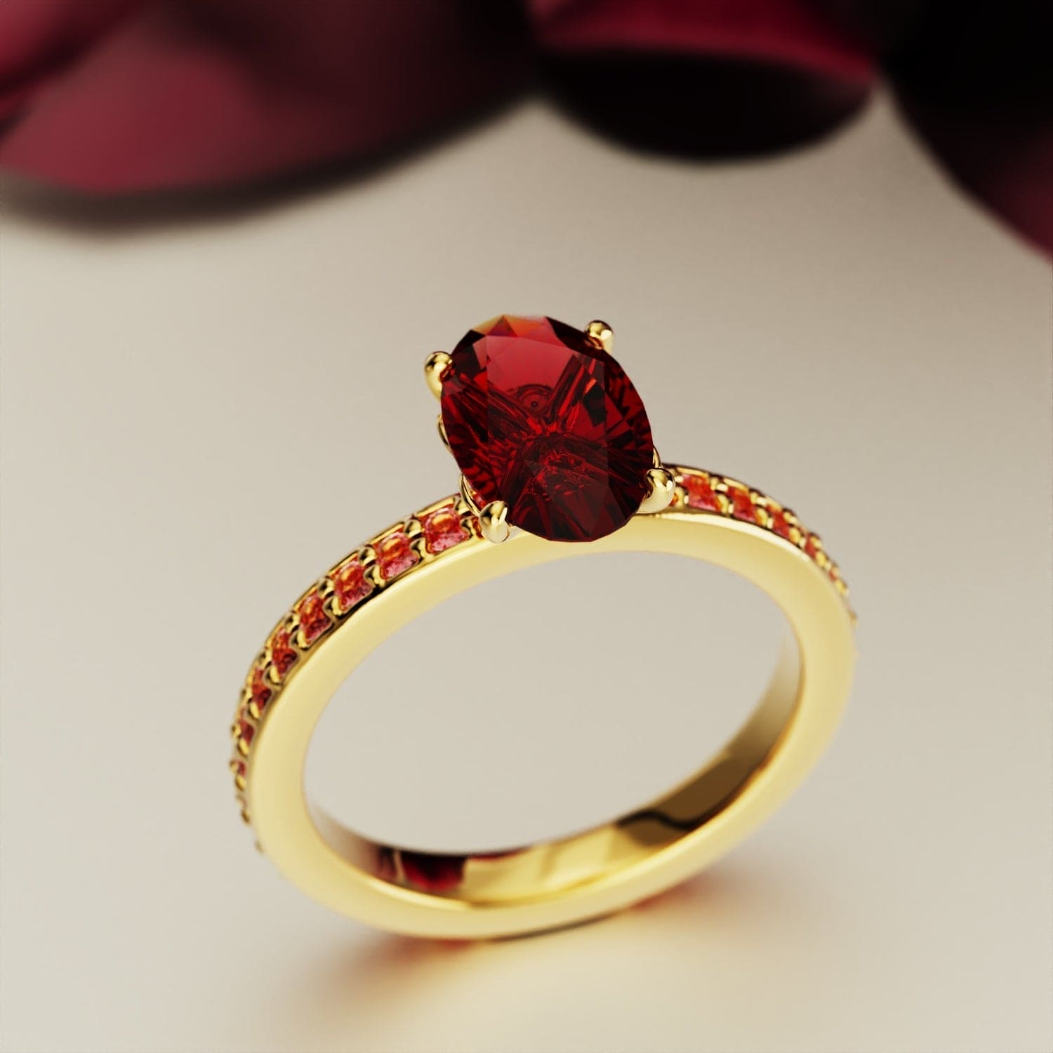 Crimson Elegance: Oval Cut Eternity Ring - 18K Gold Vermeil