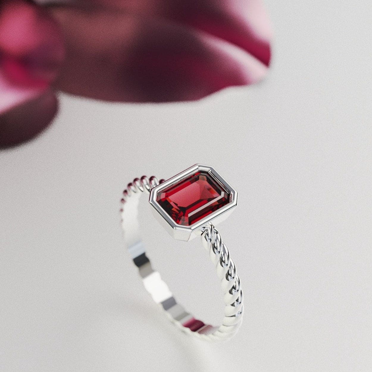 The Solitaire: Emerald-Cut Ruby Ring - S925 Sterling Silver
