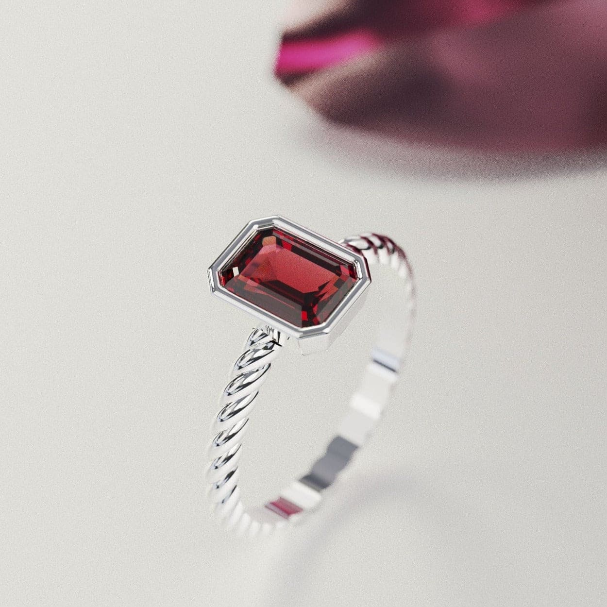 The Solitaire: Emerald-Cut Ruby Ring - S925 Sterling Silver
