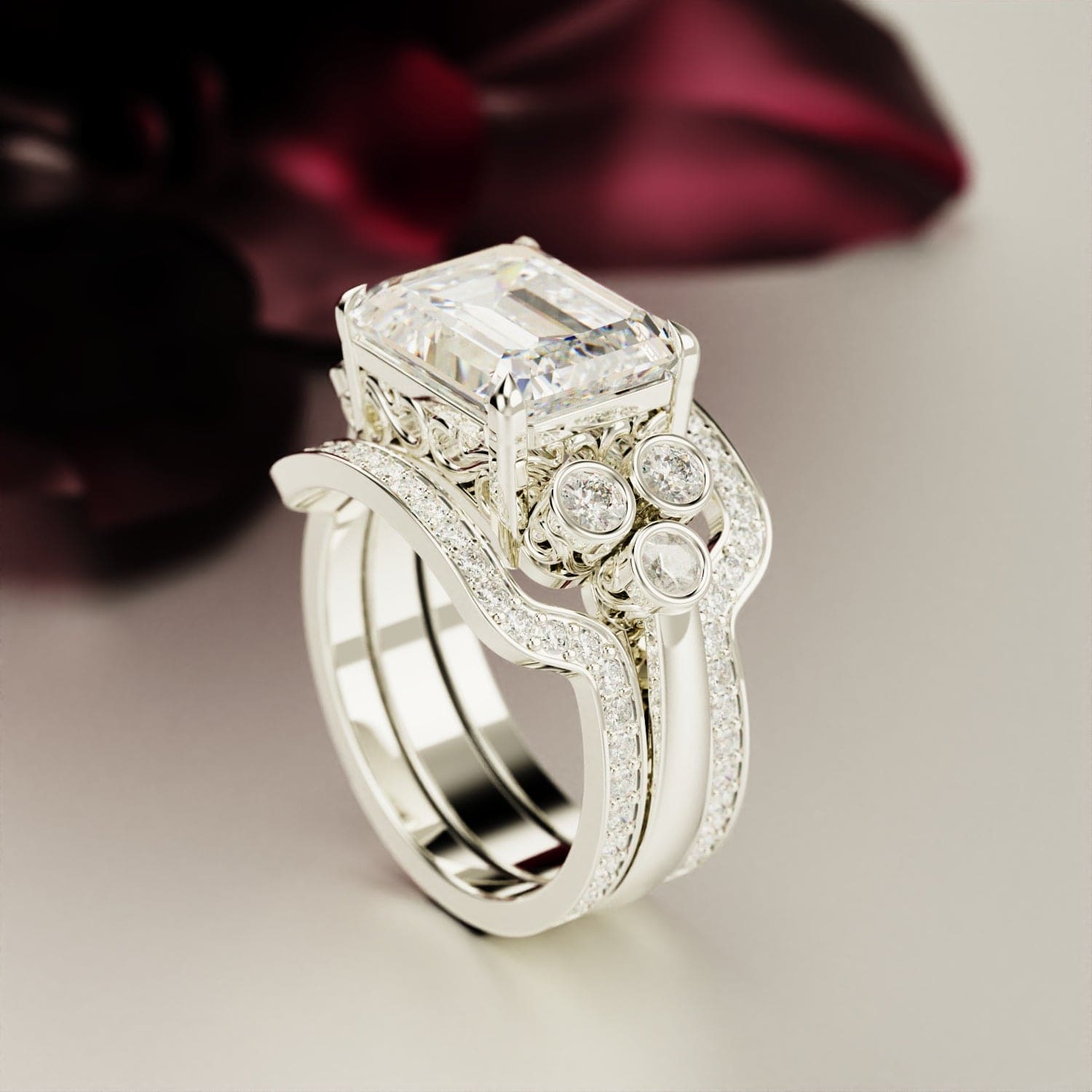 Amor eterno: conjunto de anillos con diamantes de talla esmeralda - Plata de ley S925