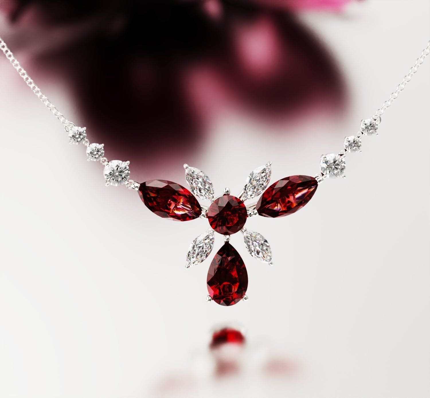 Crimson Bloom: Floral Round-Cut Ruby Necklace - S925