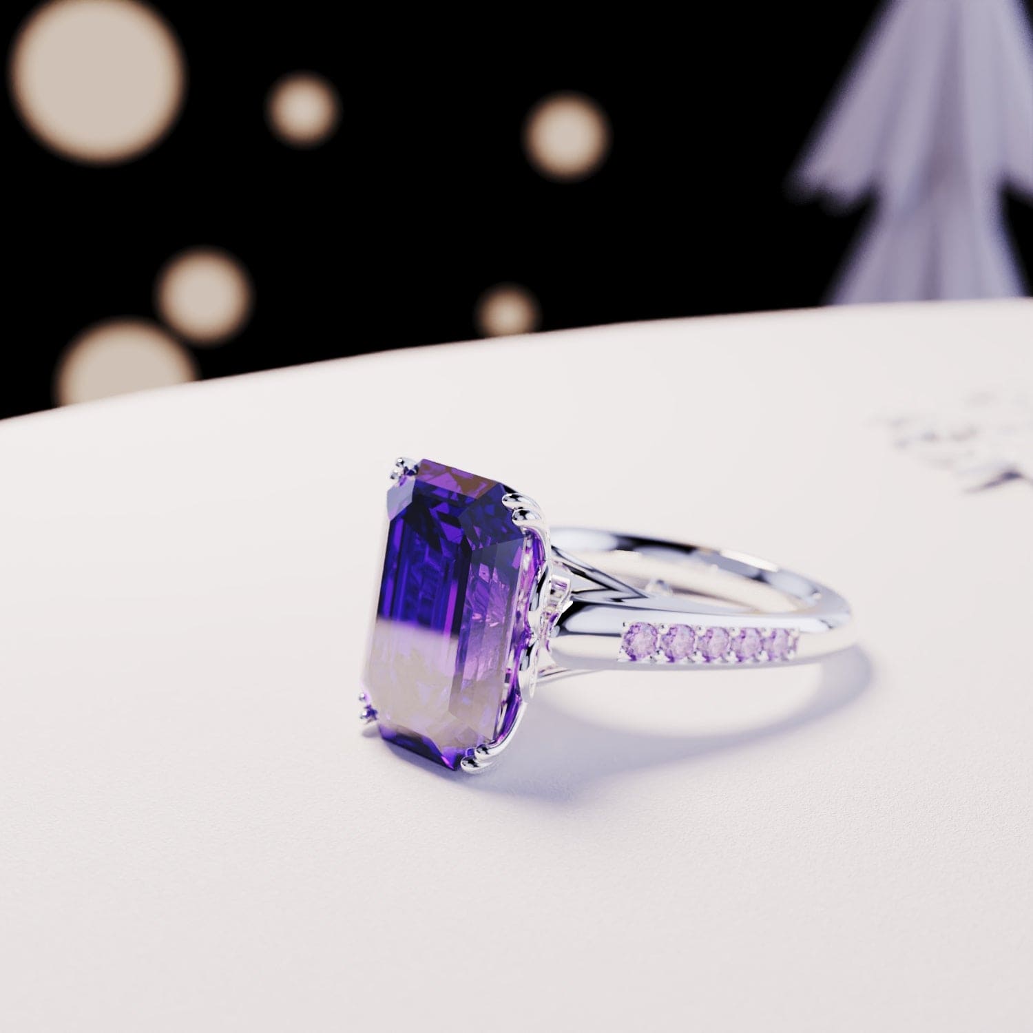 Violet Dream: Emerald-Cut Sculpted Ring - S925 Sterling Silver
