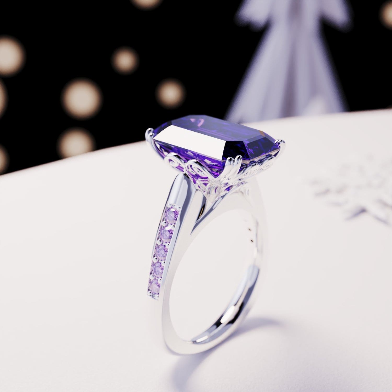 Violet Dream: Emerald-Cut Sculpted Ring - S925 Sterling Silver