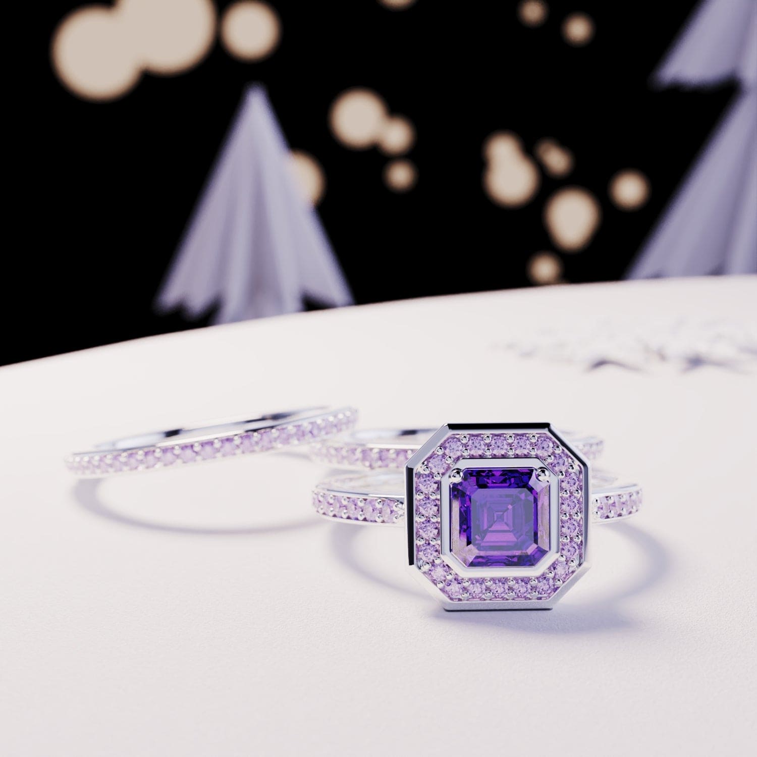 Devoción: Juego de anillos 3 en 1 de amatista con corte esmeralda - Plata de ley S925