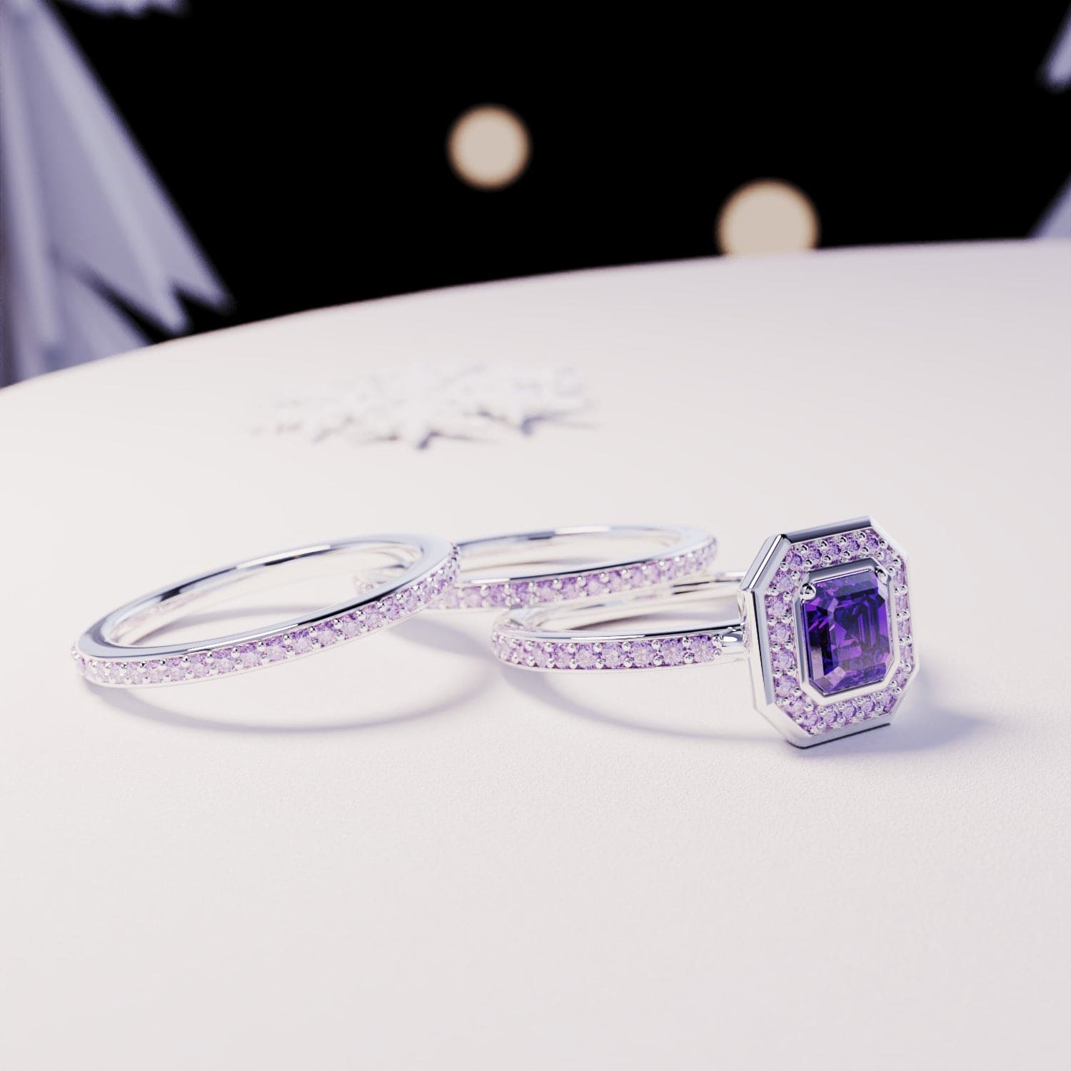 Devoción: Juego de anillos 3 en 1 de amatista con corte esmeralda - Plata de ley S925