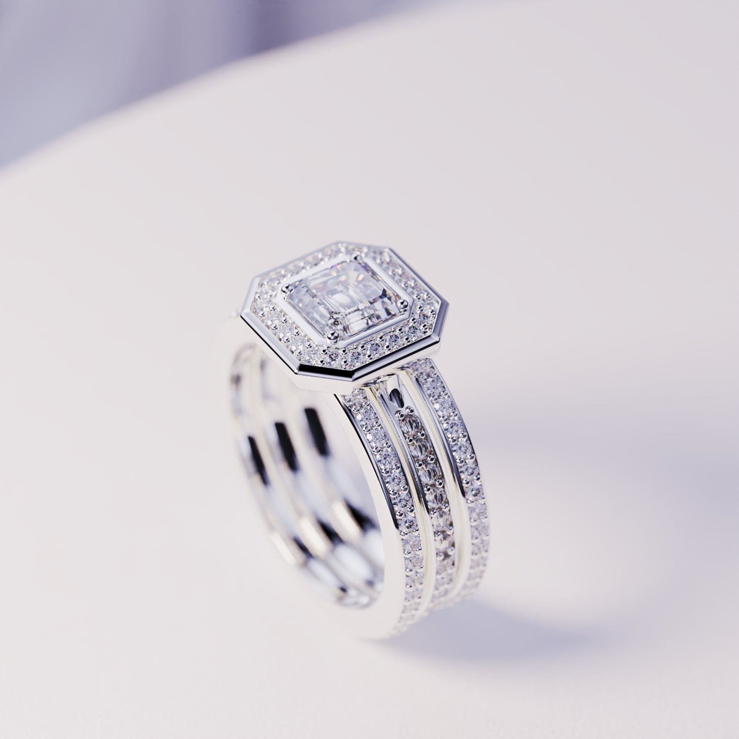 Devotion: Emerald-Cut Diamond Halo Ring Set - S925 Sterling Silver