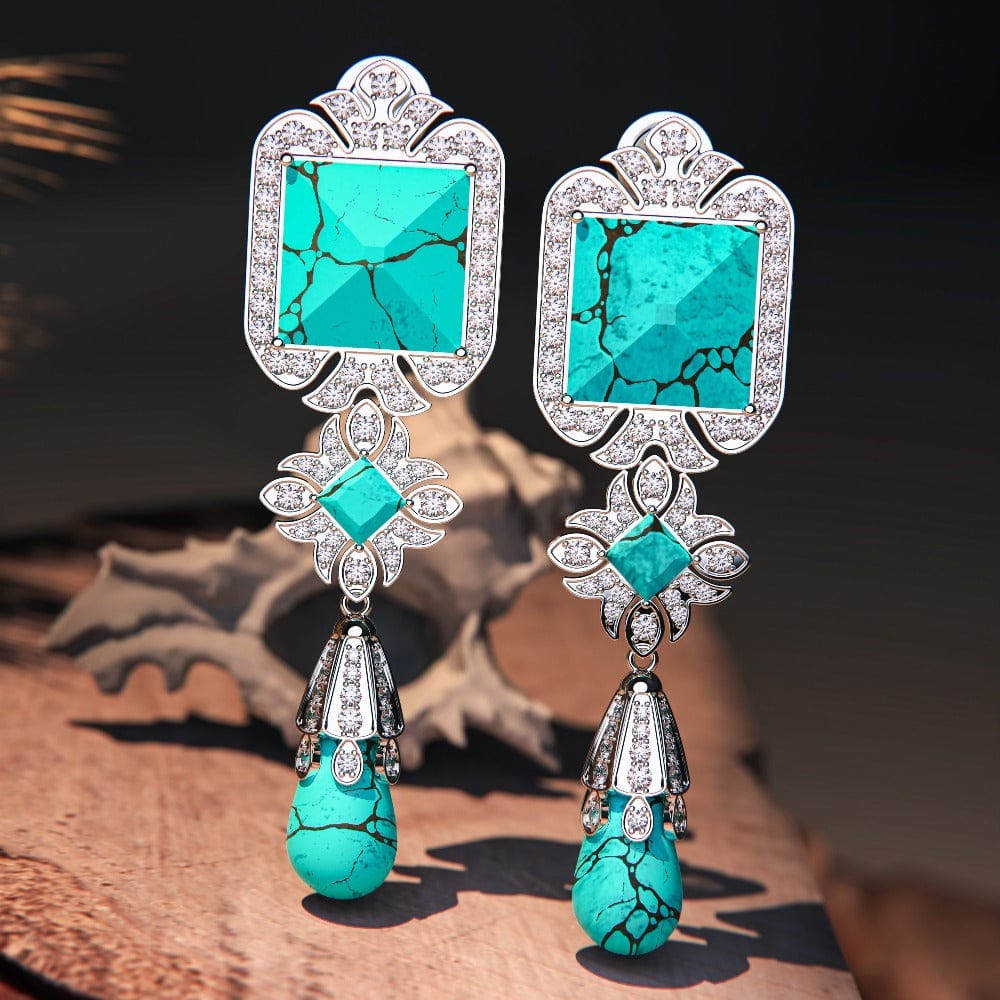 Turquoise Seabed Earrings featuring turquoise stones in a sterling silver setting front zoomed up detail view