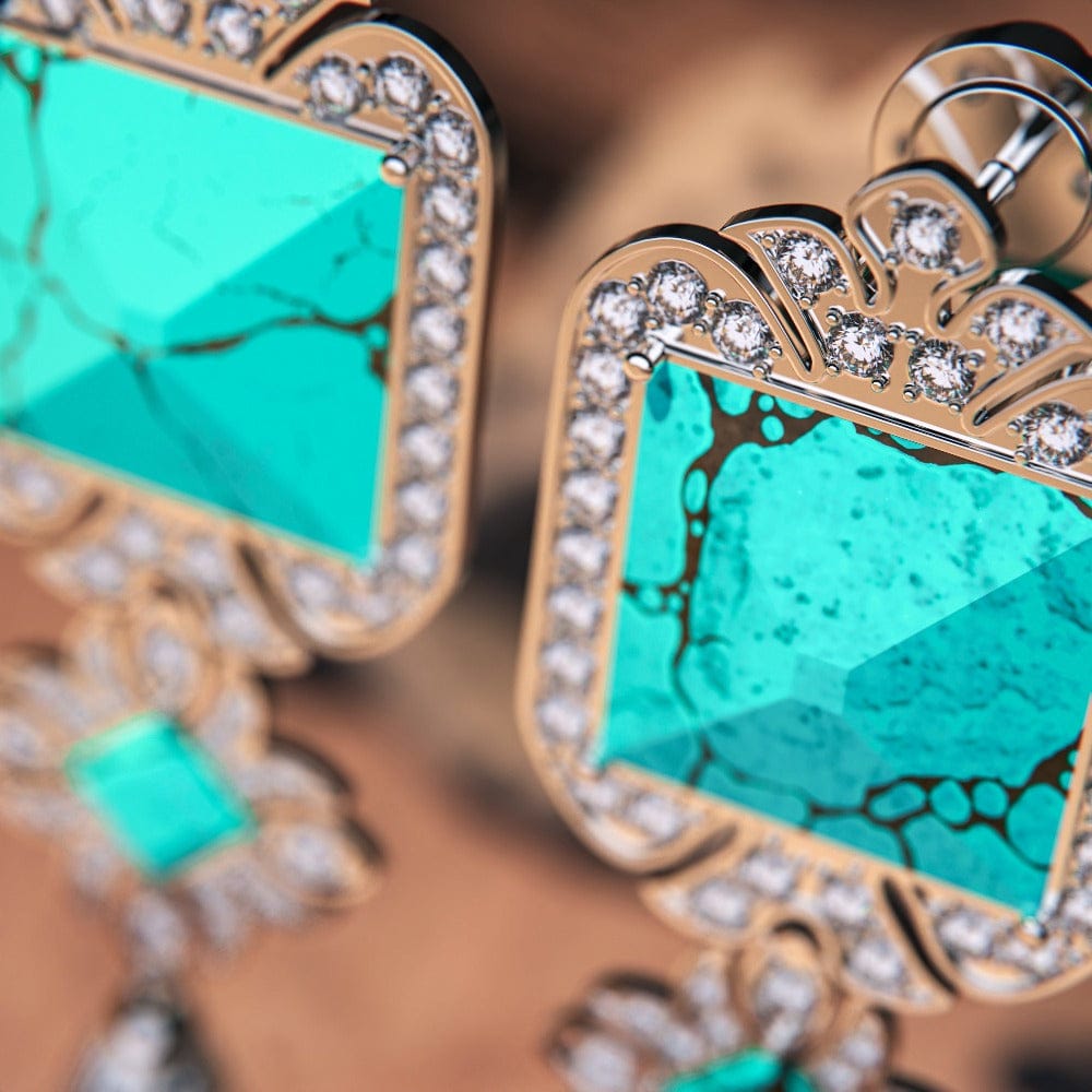 Turquoise Seabed Earrings featuring turquoise stones in a sterling silver setting super zoomed up on turquoise gemstone