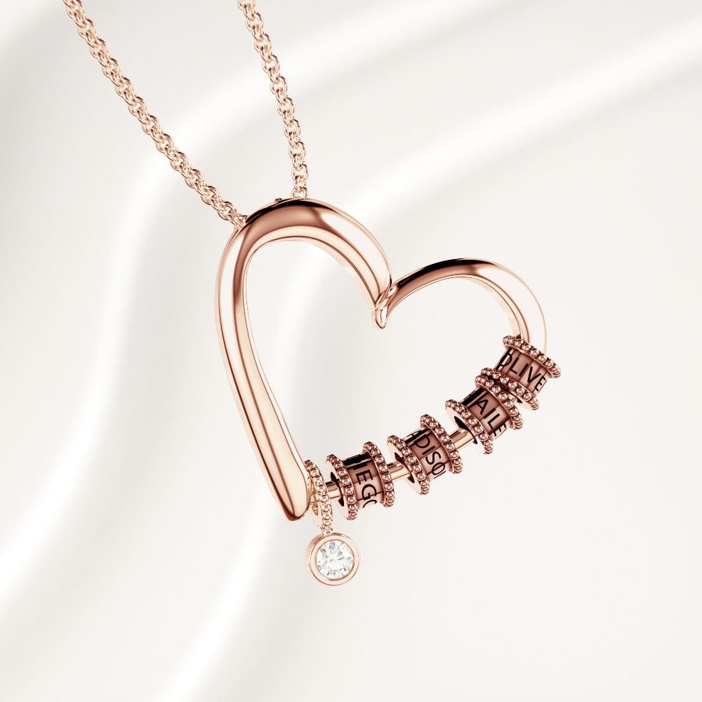 Personalized Heart Charm Necklace with Engraved Beads