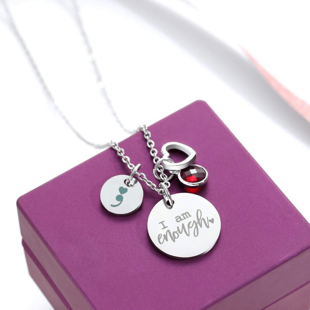 Birthstone 'I Am Enough' Necklace-Awareness Avenue™-Awareness,enough,gift: All,gift: Inspirational,IAmEnough,jewellery,Jewelry,Necklace,necklace: All,necklace: Inspirational,Semicolon,Silver