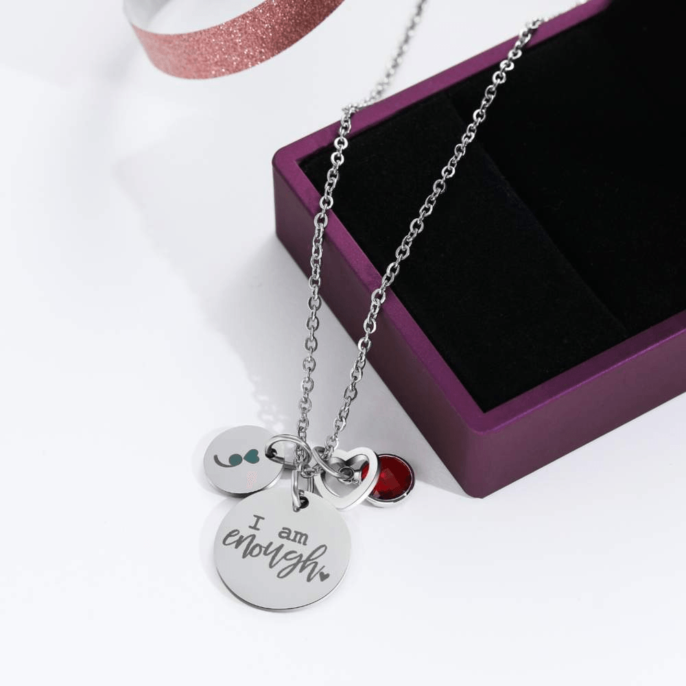 Birthstone 'I Am Enough' Necklace-Awareness Avenue™-Awareness,enough,gift: All,gift: Inspirational,IAmEnough,jewellery,Jewelry,Necklace,necklace: All,necklace: Inspirational,Semicolon,Silver