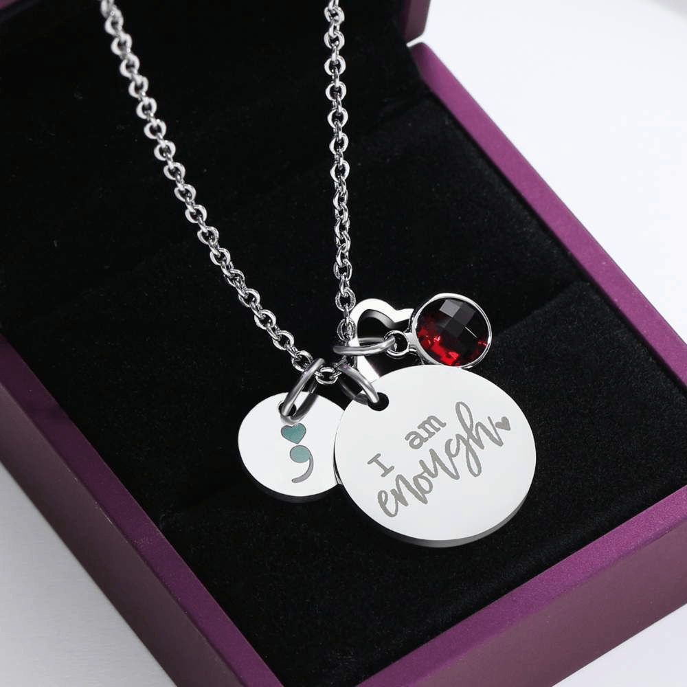 Birthstone 'I Am Enough' Necklace-Awareness Avenue™-Awareness,enough,gift: All,gift: Inspirational,IAmEnough,jewellery,Jewelry,Necklace,necklace: All,necklace: Inspirational,Semicolon,Silver