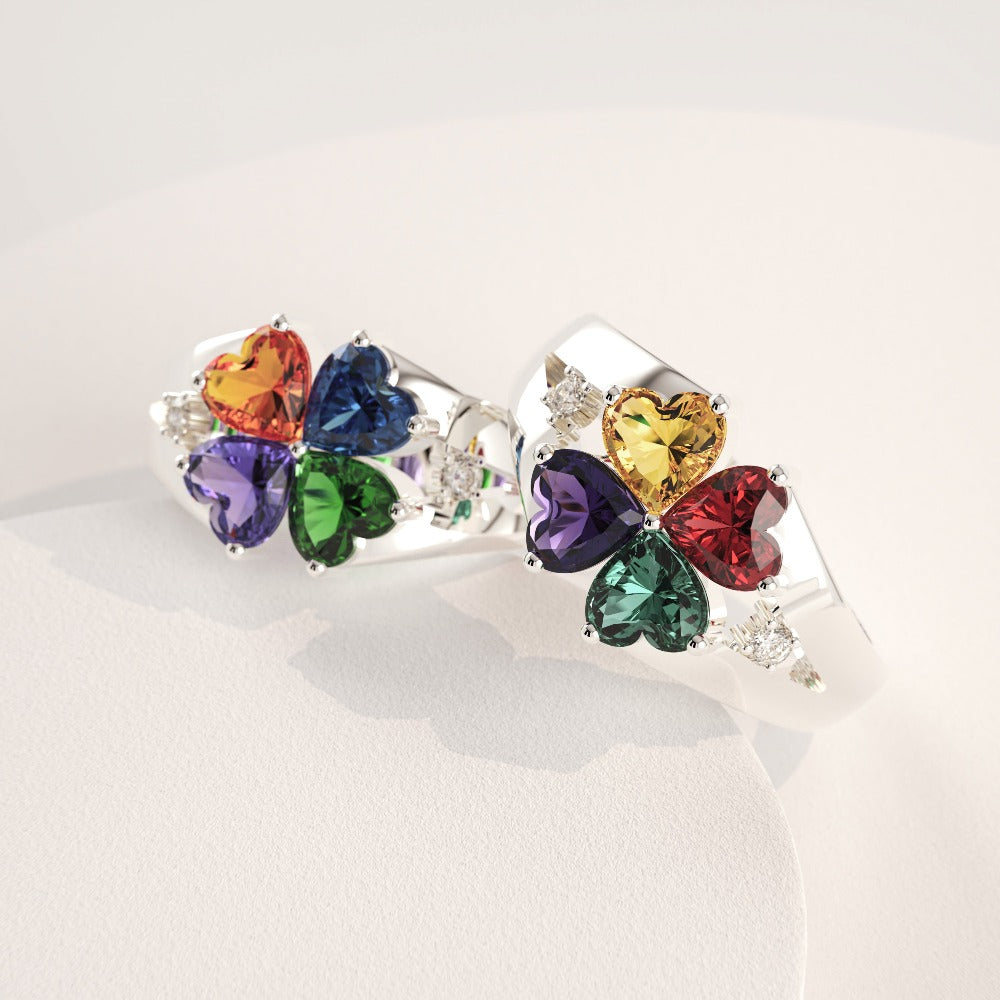 Personalized S925 Mother's Day Clover Ring with Birthstones