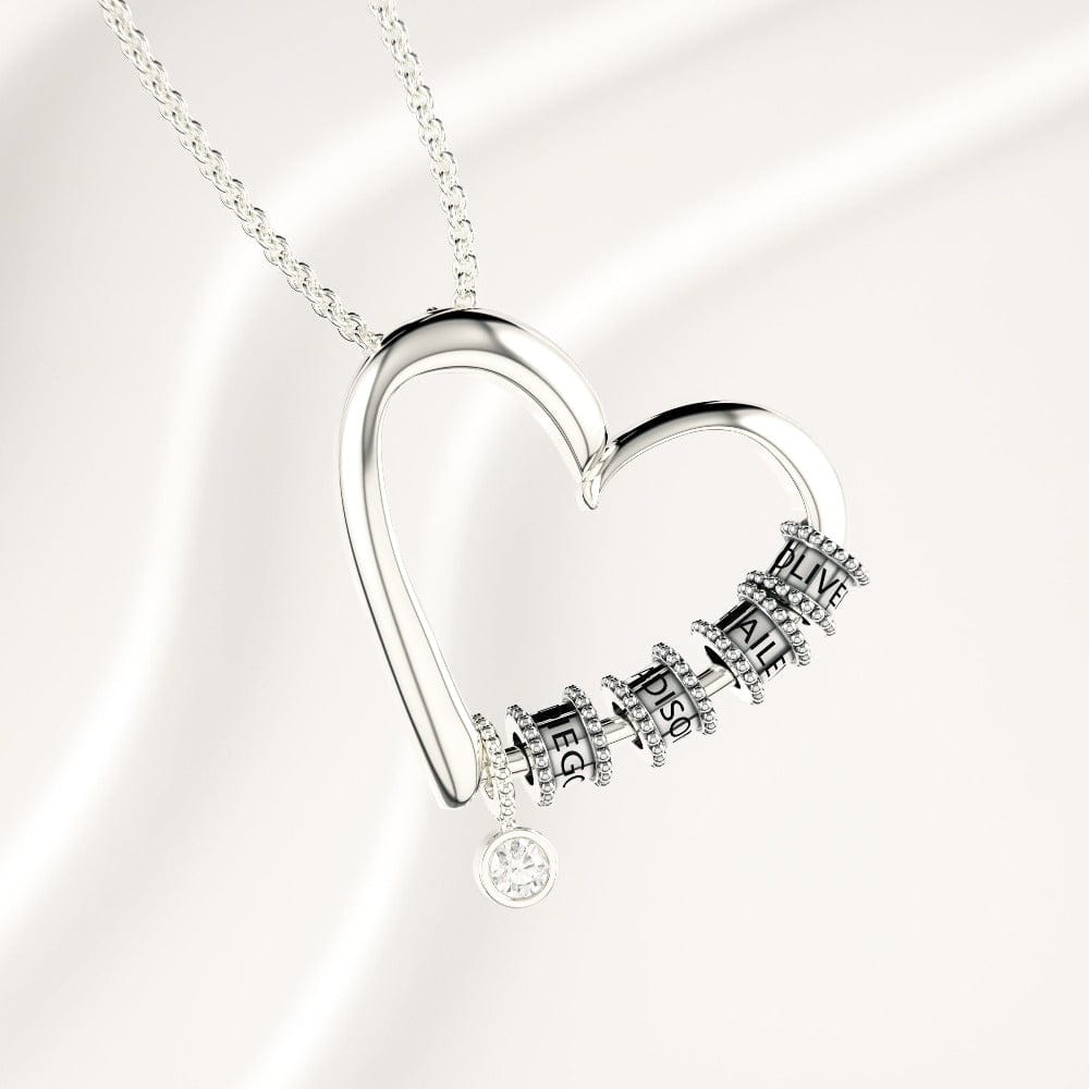 Personalized Heart Charm Necklace with Engraved Beads