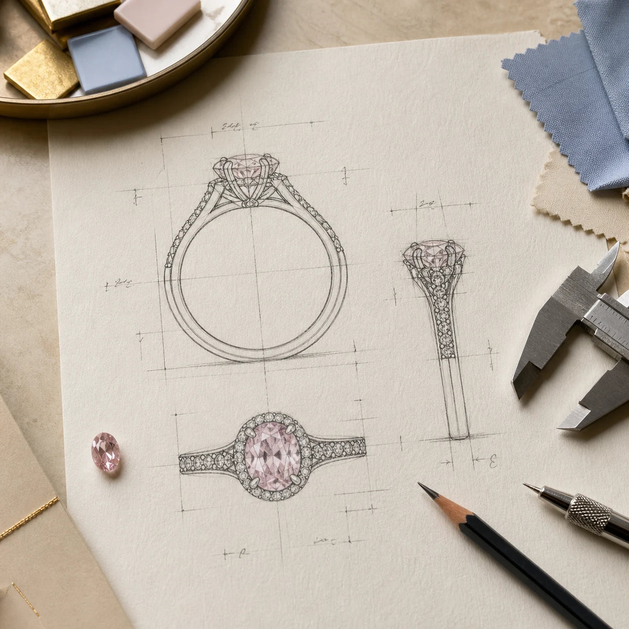 Bespoke engagement ring design sketch with gemstone and calipers