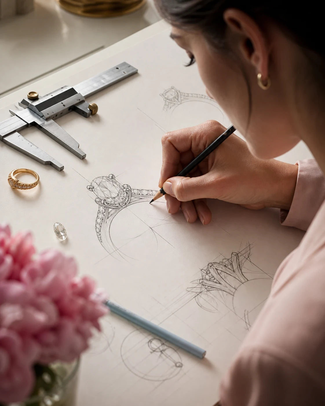 Designer hand-sketching a bespoke engagement ring
