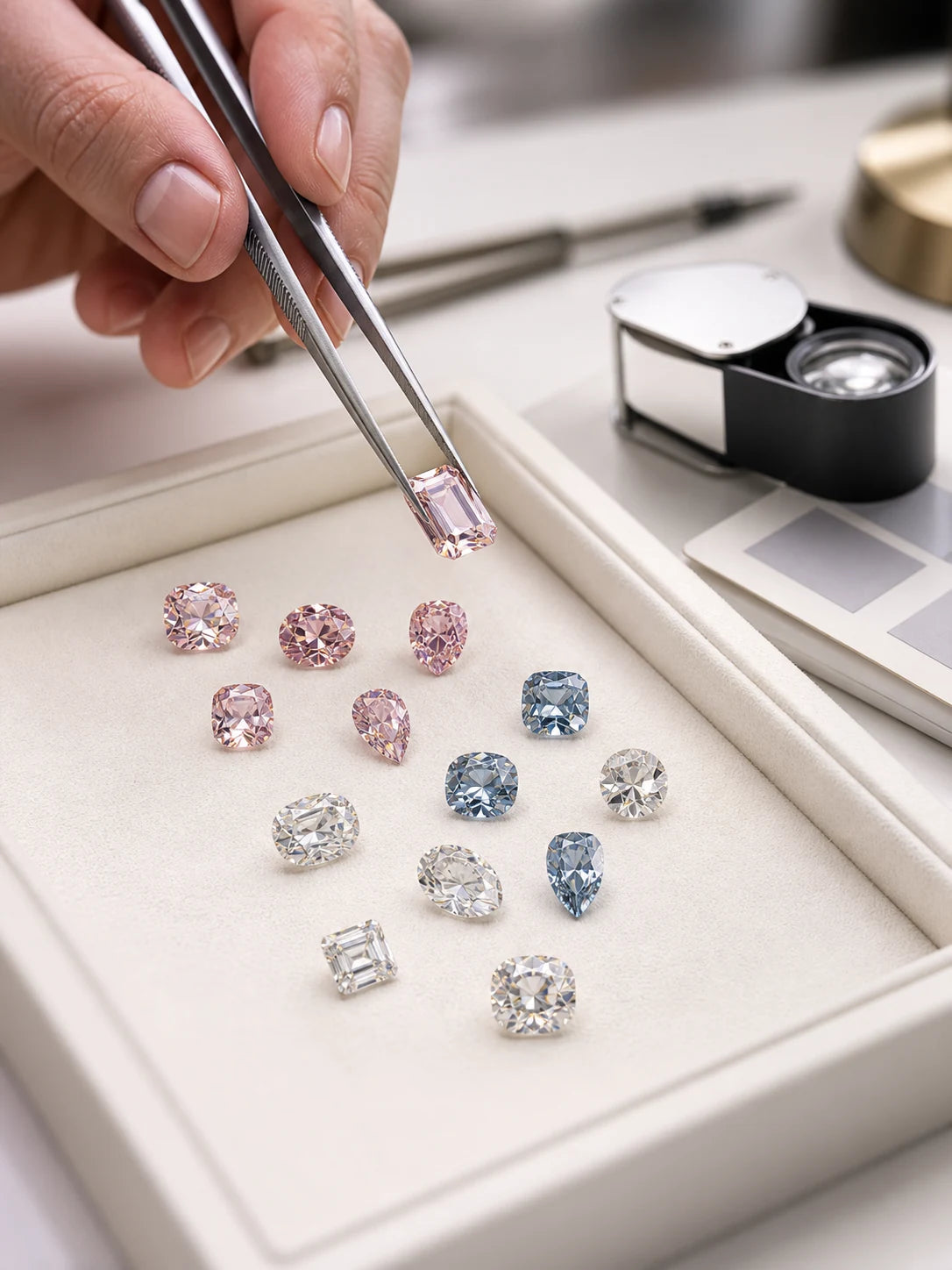 Selecting clear, pink and blue stones for the design