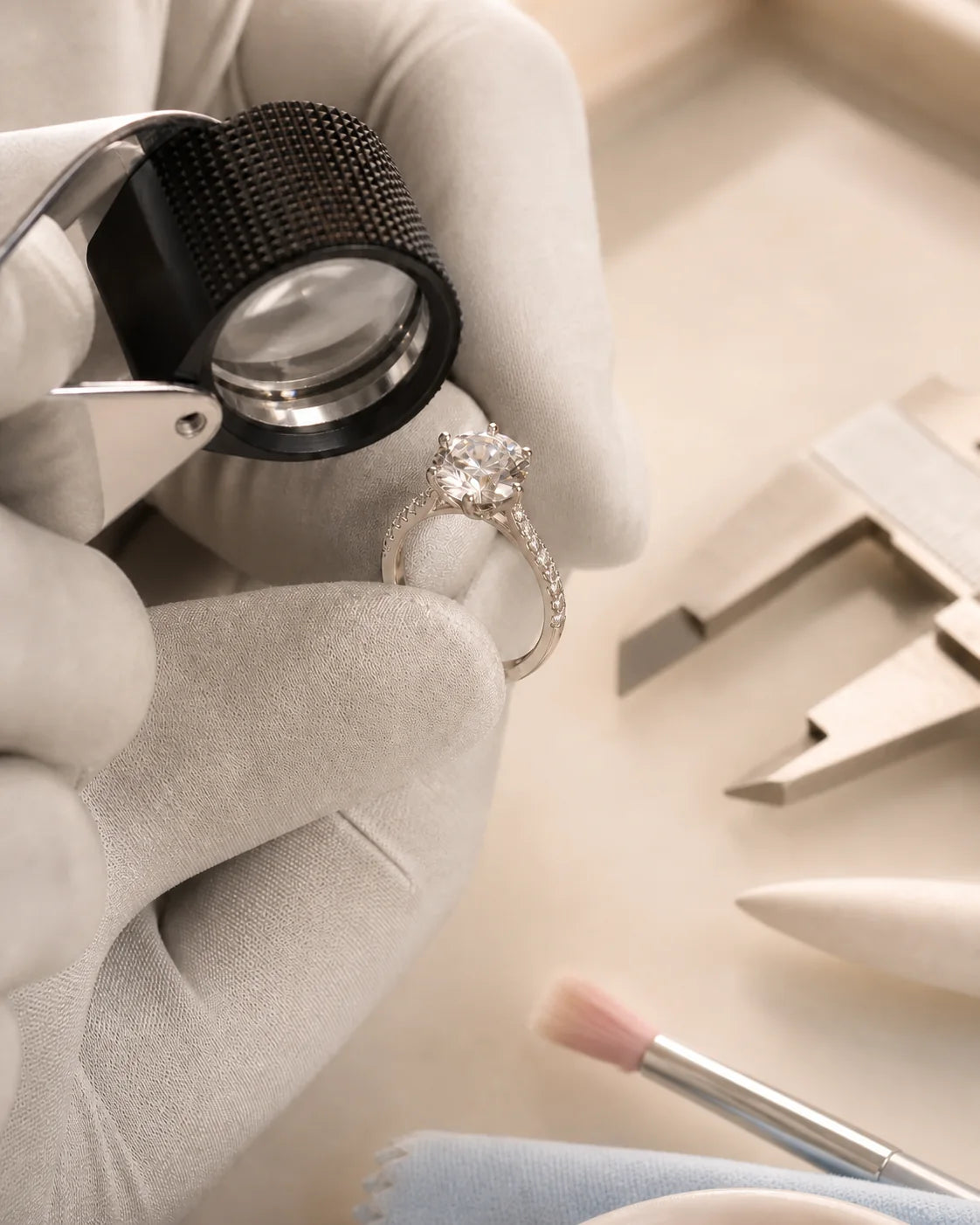 Final inspection before the finished ring leaves the atelier
