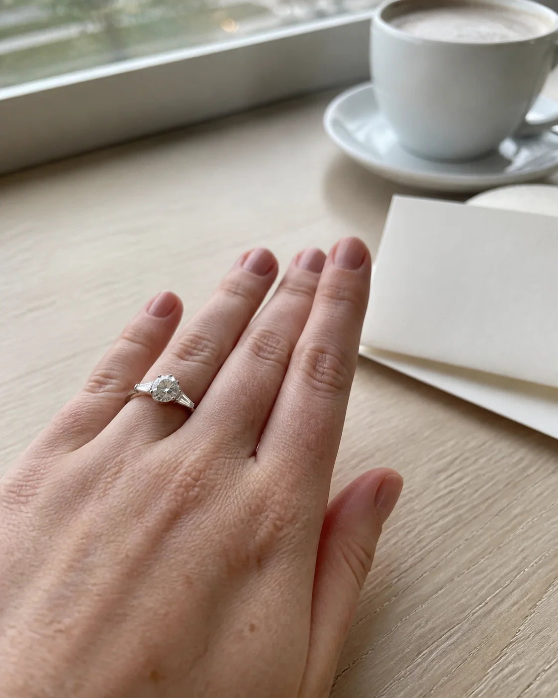 Round three-stone engagement ring photographed at a quiet cafe